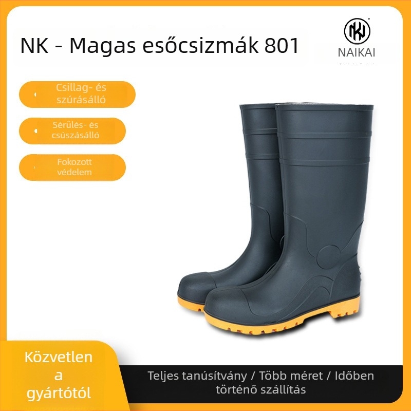 PVC esőcsizma, magas szárú, acél orral, vastag talppal, csúszásmentes és átszúrásálló, minden évszakra