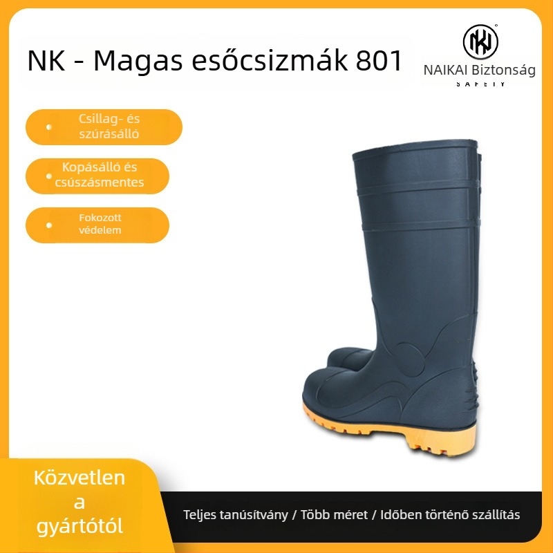 PVC esőcsizma, magas szárú, acél orral, vastag talppal, csúszásmentes és átszúrásálló, minden évszakra