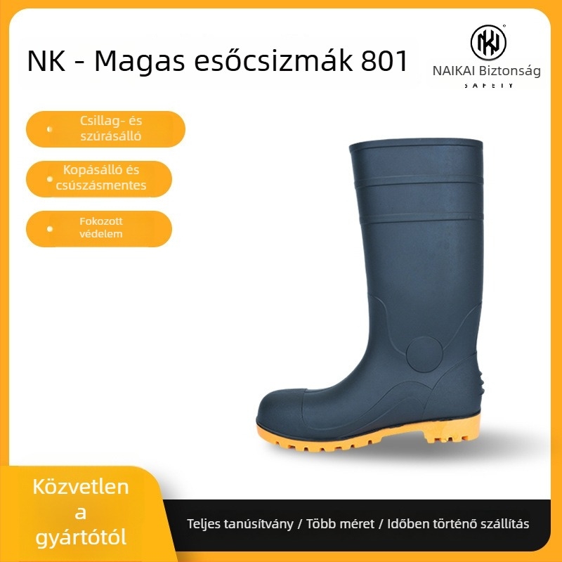 PVC esőcsizma, magas szárú, acél orral, vastag talppal, csúszásmentes és átszúrásálló, minden évszakra