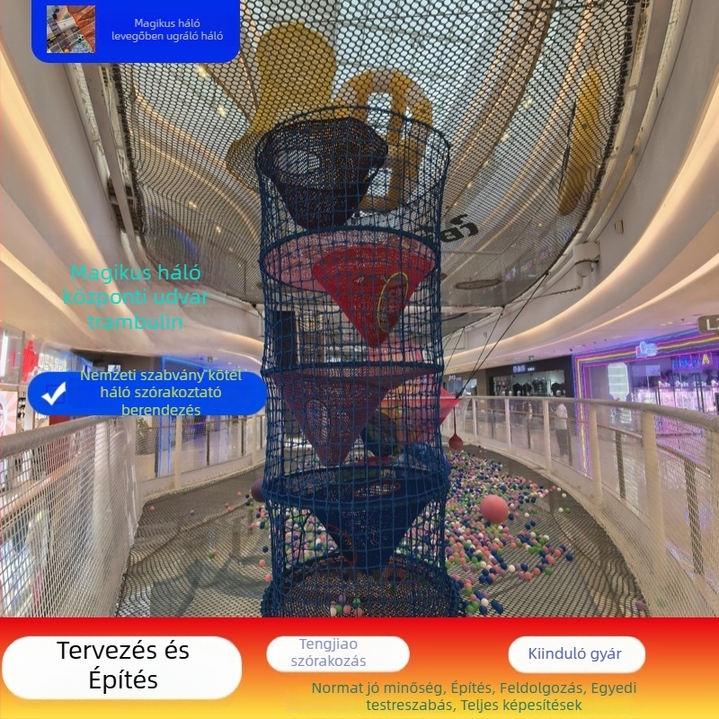 Beltéri magaslatú gyermektrambulin biztonsági hálóval a mászáshoz, 3–14 éveseknek