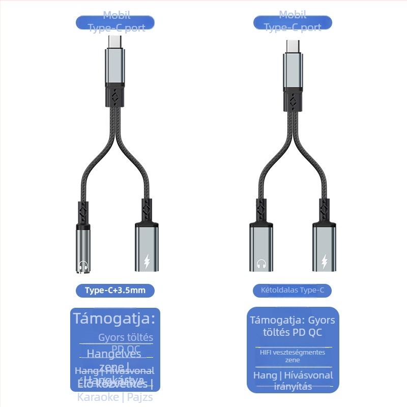 Type-C digitális audió dekóder adapter - 2-az-1-ben fejhallgató kiegészítő, modell T23-T24