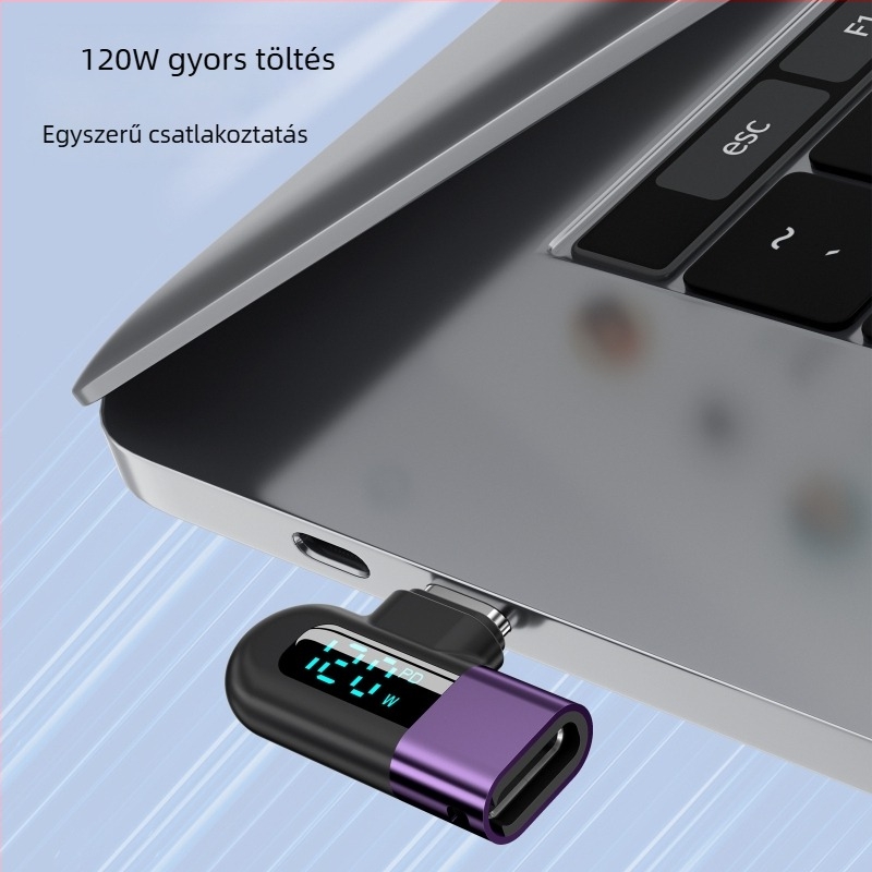 Digitális kijelzős 120W Type-C L-alakú adapter, univerzális gyors töltés