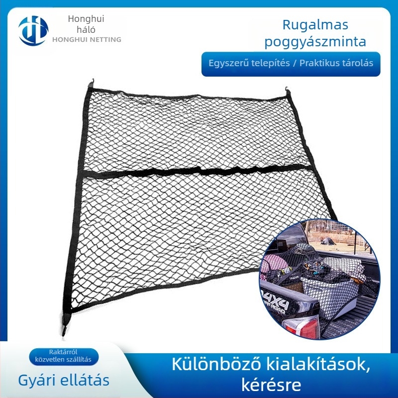 Elasztikus raktározó háló pickup hátsó rekeszéhez, polipropilén + latex, 4 kampóval, testreszabható, függő használat