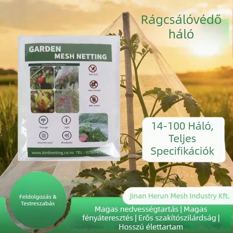 Megerősített rovarháló üvegházhoz, polietilén anyag, modell 002, szemméret 14–120, szál átmérője 10–20, élettartam 3–5 év