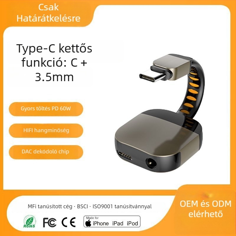 Type-C–től 3,5 mm-es audió adapterkábel (Realtek 5686) USB-C telefonokra, privát modell, licencelt magán címke