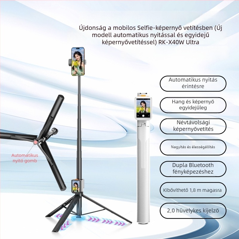Selfie bot képernyő-projektorral - Bluetooth távirányító, ötvözettest, beépített képstabilizátor