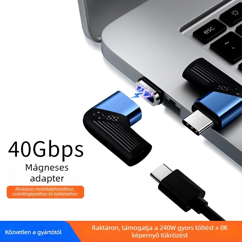 Mágneses USB-C szögletes adapter — 40Gbps átviteli sebesség, Thunderbolt 4, 100W gyorstöltés, OTG