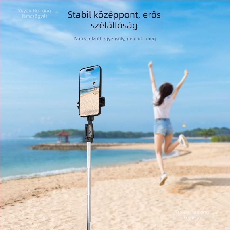 Selfie bot tripód – rozsdamentes acél, 360° forgás, Bluetooth távirányító, képstabilizáció, univerzális tartó