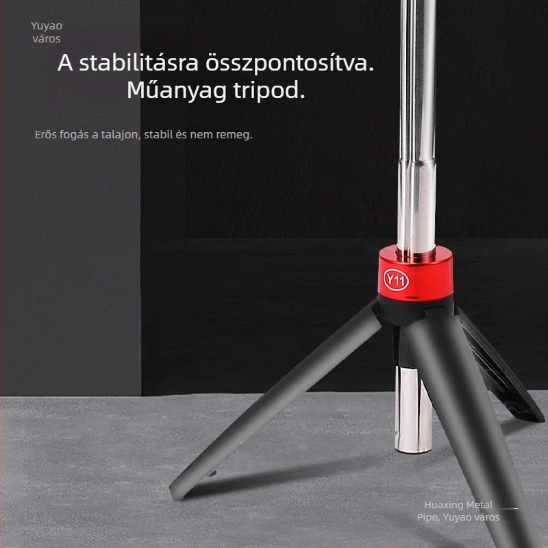 Selfie bot tripód – rozsdamentes acél, 360° forgás, Bluetooth távirányító, képstabilizáció, univerzális tartó