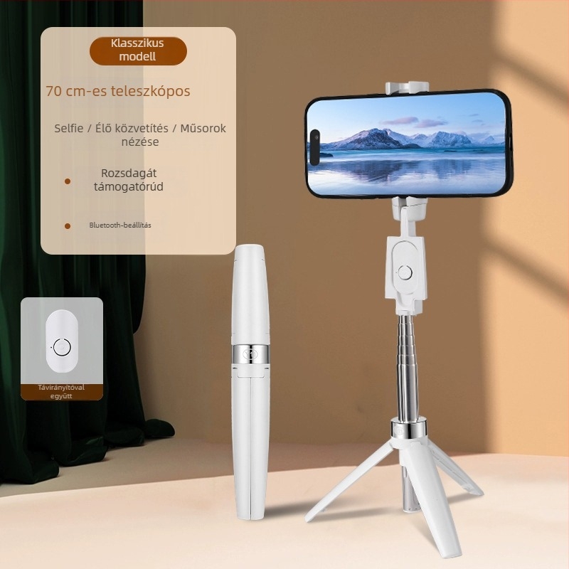 Selfie bot tripód – rozsdamentes acél, 360° forgás, Bluetooth távirányító, képstabilizáció, univerzális tartó