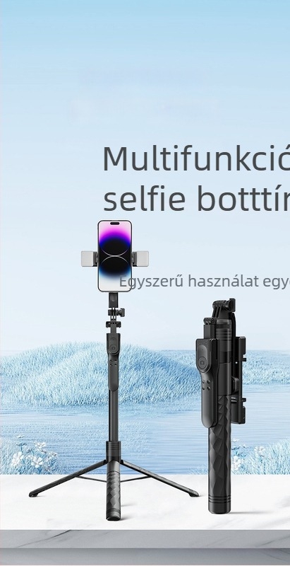 Négy lábú Bluetooth selfie pálka telefonhoz LED világítással, padlóra álló és kézi használat, univerzális, távirányítóval, ABS + alumíniumötvözet