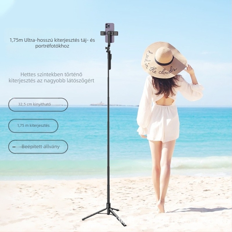 Négy lábú Bluetooth selfie pálka telefonhoz LED világítással, padlóra álló és kézi használat, univerzális, távirányítóval, ABS + alumíniumötvözet