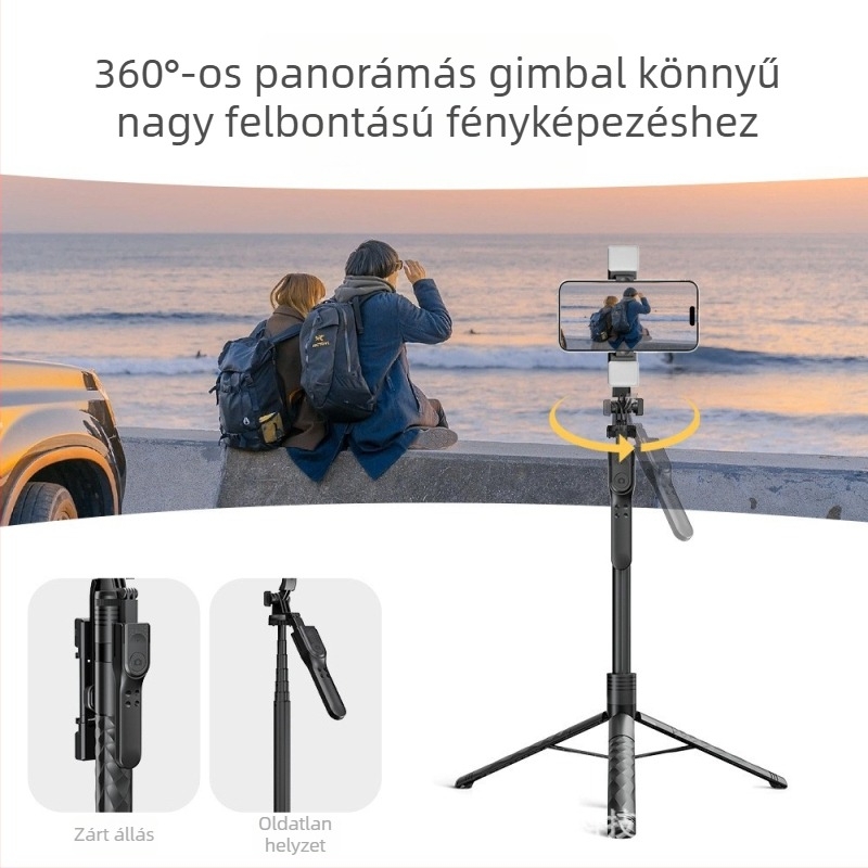 Négy lábú Bluetooth selfie pálka telefonhoz LED világítással, padlóra álló és kézi használat, univerzális, távirányítóval, ABS + alumíniumötvözet