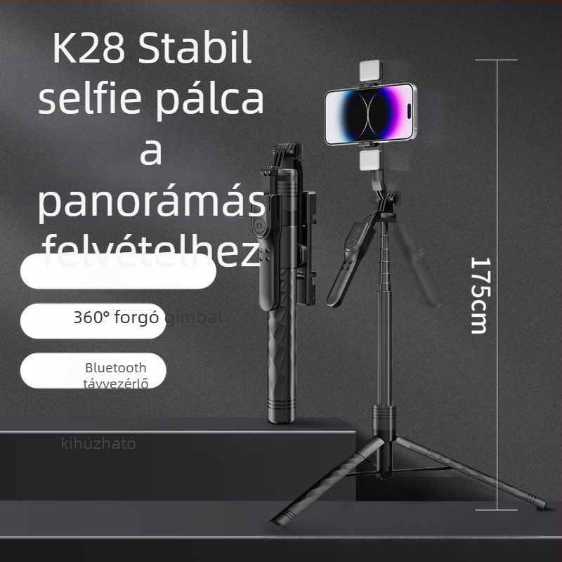Négy lábú Bluetooth selfie pálka telefonhoz LED világítással, padlóra álló és kézi használat, univerzális, távirányítóval, ABS + alumíniumötvözet