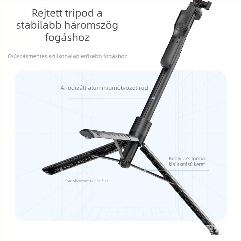 Négy lábú Bluetooth selfie pálka telefonhoz LED világítással, padlóra álló és kézi használat, univerzális, távirányítóval, ABS + alumíniumötvözet