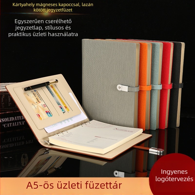 PU borítós notesz texturált külsővel, USB csat, laza lapok kötése (loose-leaf), Dowling papír 80 gsm, 100–200 oldal