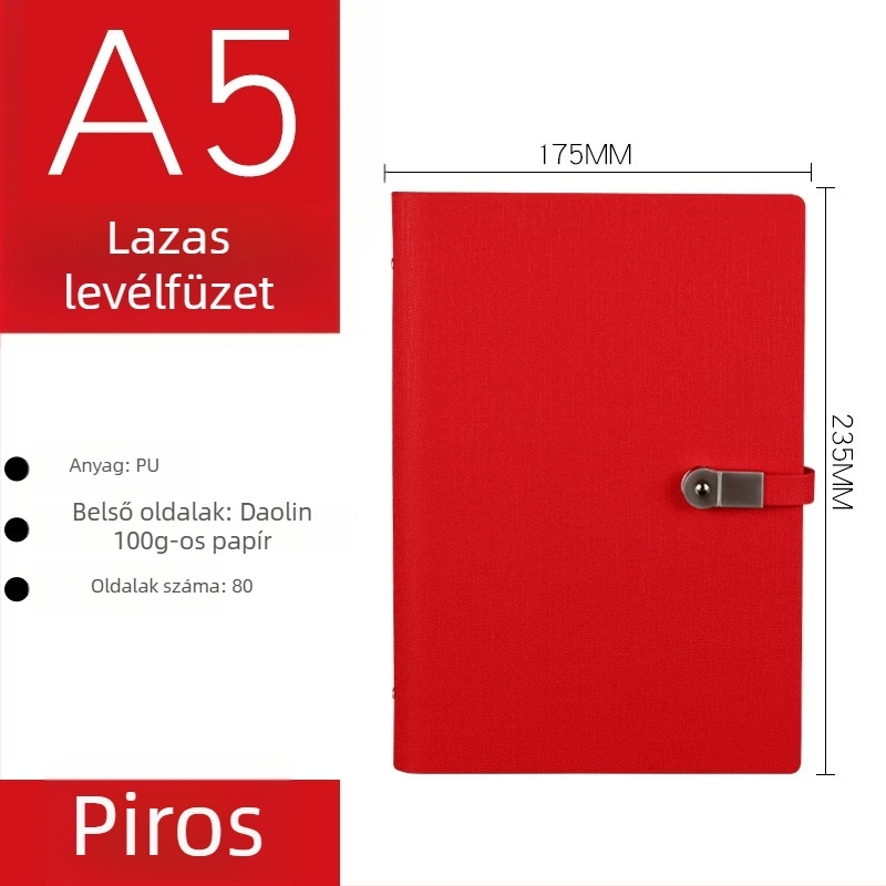 PU borítós notesz texturált külsővel, USB csat, laza lapok kötése (loose-leaf), Dowling papír 80 gsm, 100–200 oldal