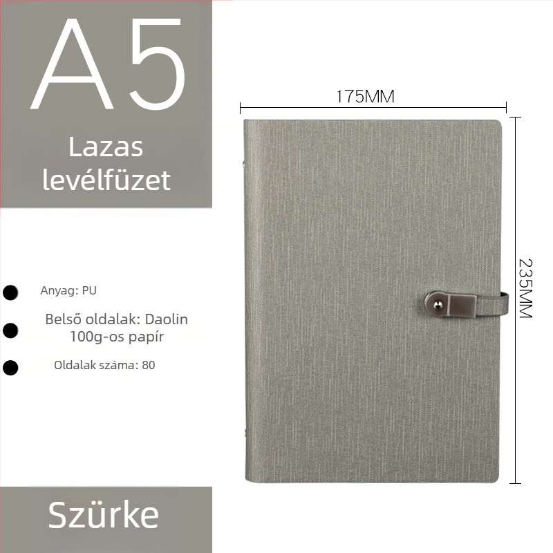 PU borítós notesz texturált külsővel, USB csat, laza lapok kötése (loose-leaf), Dowling papír 80 gsm, 100–200 oldal