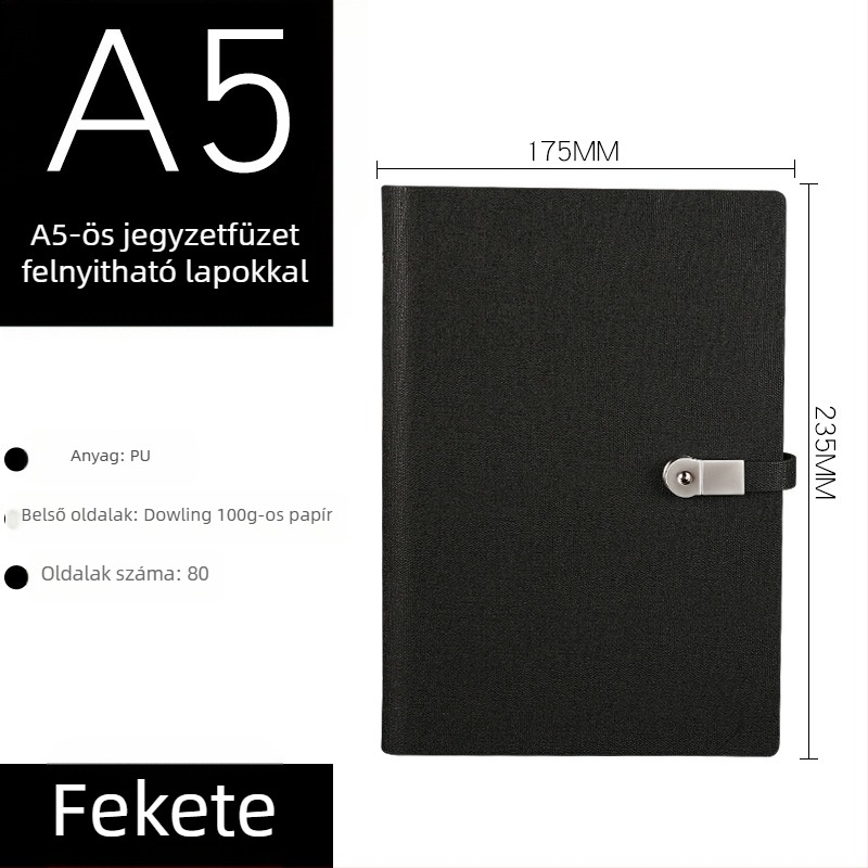 PU borítós notesz texturált külsővel, USB csat, laza lapok kötése (loose-leaf), Dowling papír 80 gsm, 100–200 oldal