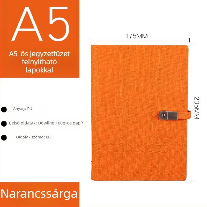 PU borítós notesz texturált külsővel, USB csat, laza lapok kötése (loose-leaf), Dowling papír 80 gsm, 100–200 oldal