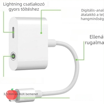 Kettős funkciójú 3,5 mm és Lightning adapter zenehallgatáshoz és töltéshez — Modell A (Nem kompatibil az iPhone 15-tel)