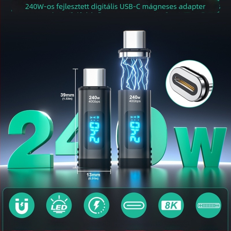 USB-C PD24Pin mágneses adapter, 240W gyors töltés, digitális kijelző, 8K videóátvitel