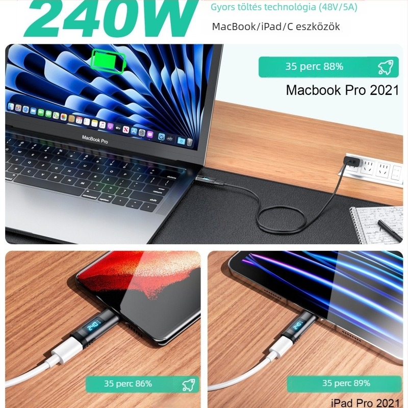 USB-C PD24Pin mágneses adapter, 240W gyors töltés, digitális kijelző, 8K videóátvitel