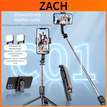 ZACH Lecsatolható szelfi pálca Bluetooth asztali állvánnyal, világítással és telefonklippel – mini tripod