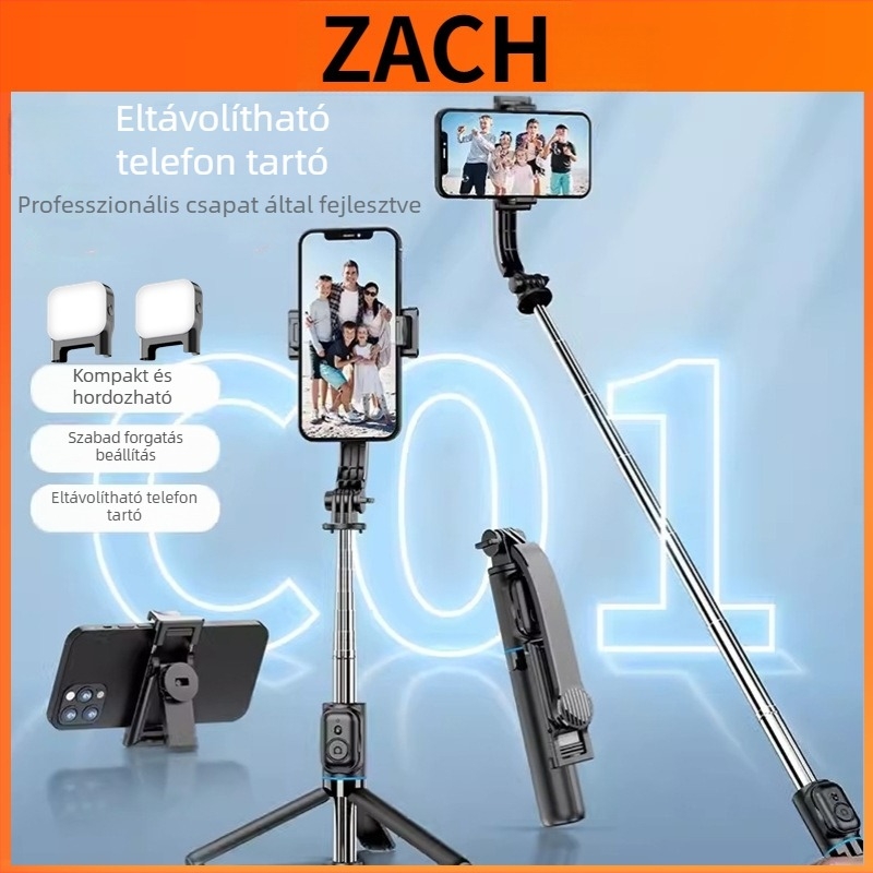 ZACH Lecsatolható szelfi pálca Bluetooth asztali állvánnyal, világítással és telefonklippel – mini tripod