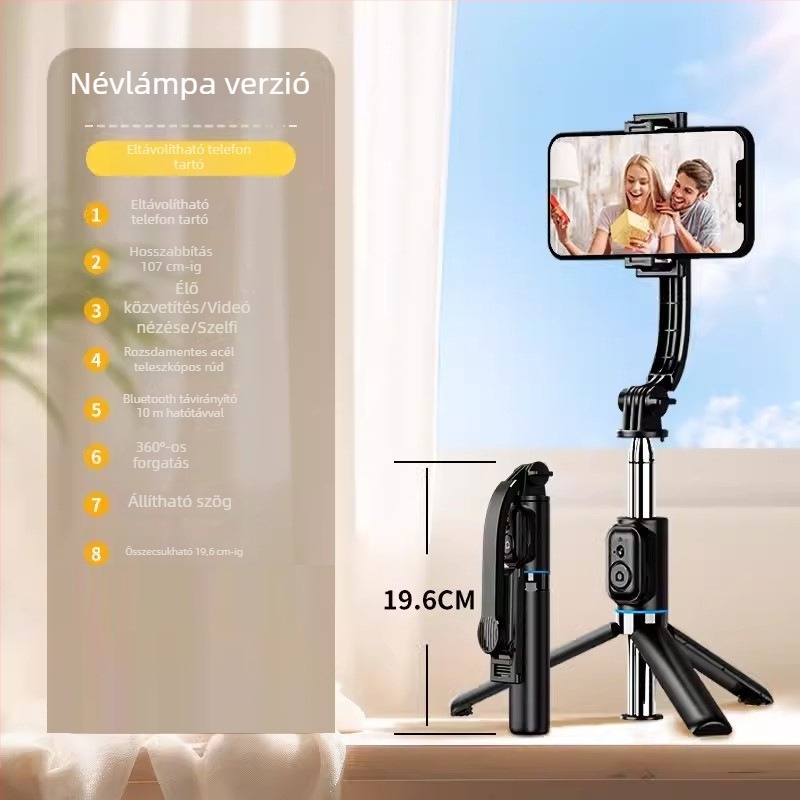 ZACH Lecsatolható szelfi pálca Bluetooth asztali állvánnyal, világítással és telefonklippel – mini tripod