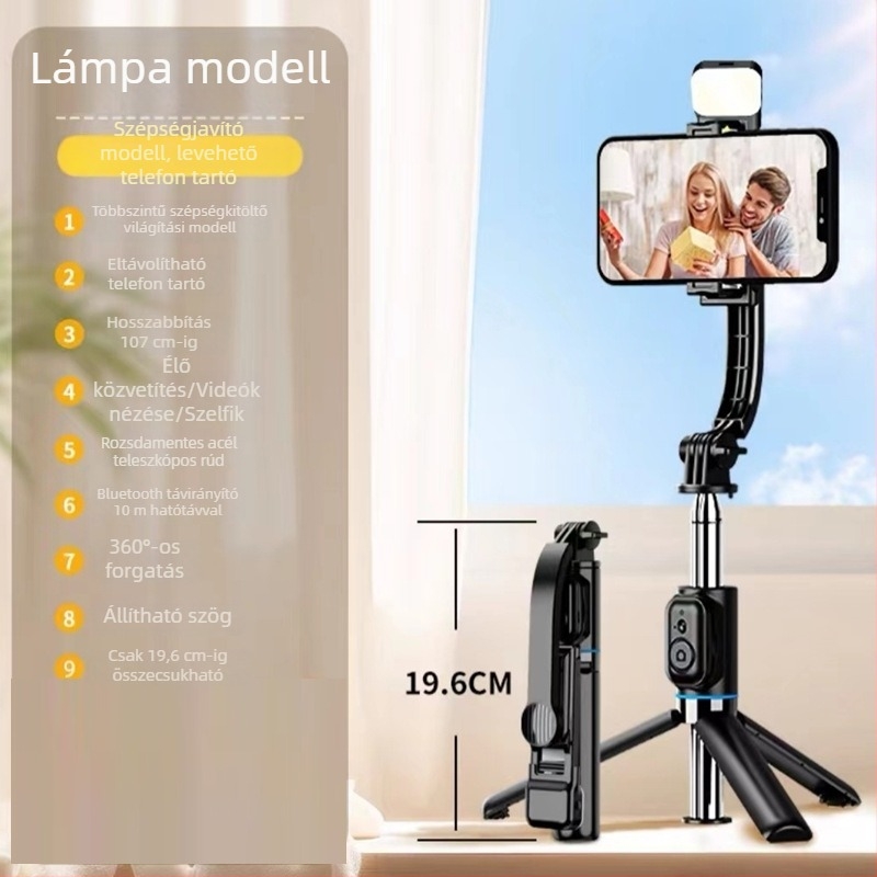 ZACH Lecsatolható szelfi pálca Bluetooth asztali állvánnyal, világítással és telefonklippel – mini tripod