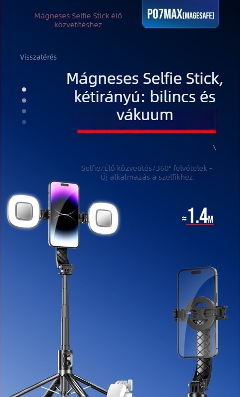 P07Max MagSafe mágneses selfie pálca négy lábú állvánnyal, alumínium ötvözet, Bluetooth távirányító, rezgéscsillapítás, világítás