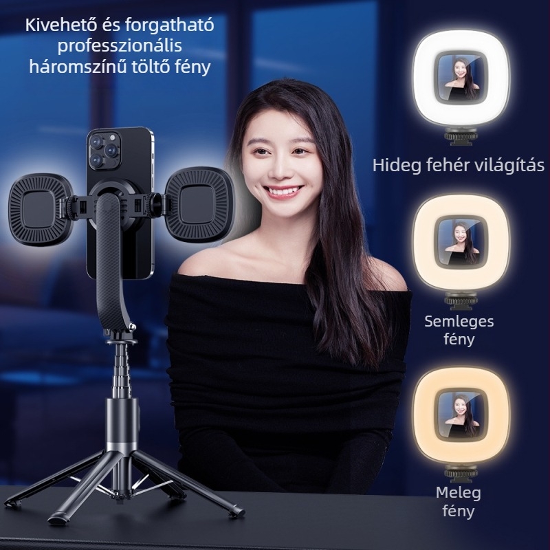 P07Max MagSafe mágneses selfie pálca négy lábú állvánnyal, alumínium ötvözet, Bluetooth távirányító, rezgéscsillapítás, világítás
