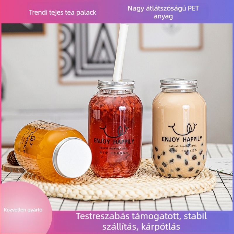 Egyszer használatos tej-tea pohár fedővel, négyszögletes PET pohár 501-600 ml, biológiailag lebomló, logó nyomtatás lehetséges
