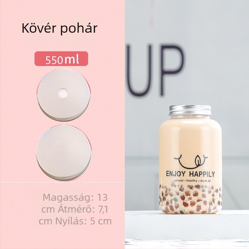 Egyszer használatos tej-tea pohár fedővel, négyszögletes PET pohár 501-600 ml, biológiailag lebomló, logó nyomtatás lehetséges