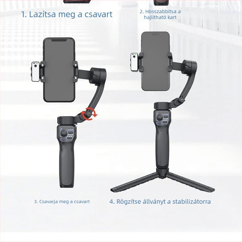Kézben tartható 3-tengelyes mobiltelefon-stabilizátor arcfelismeréssel, beépített világítással és Bluetooth-szal (rozsdamentes acél)