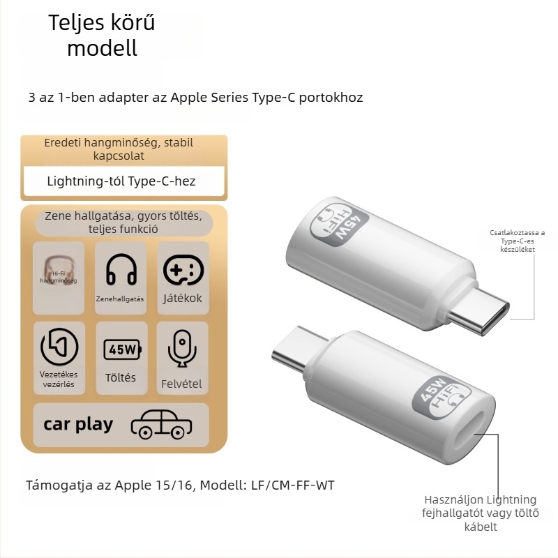 Apple számára Type-C to Lightning fülhallgató adapter — PD45W gyors töltés, beépített vezérlés, Hi‑Fi hangzás