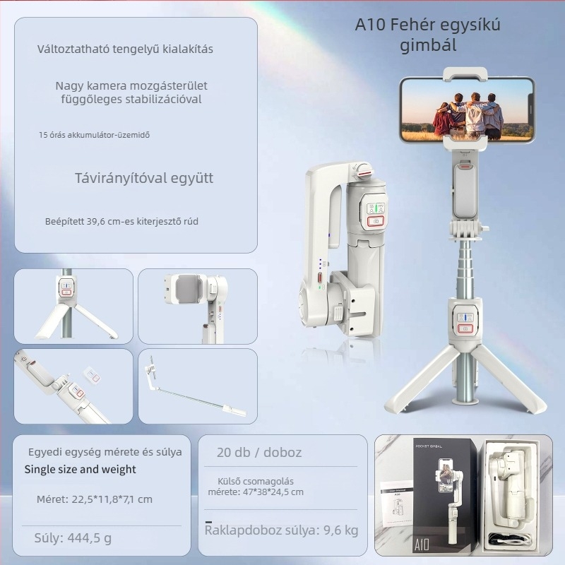 A10 Többfunkciós selfie pálca telefon-tartóval, kézi és padlóra állítható tripod, Bluetooth-távirányító, rezgéscsillapítás és LED világítás, utazáshoz tervezett