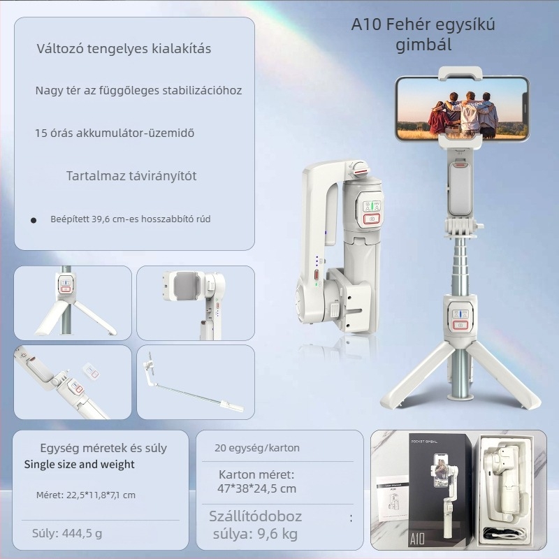 A10 Többfunkciós selfie pálca telefon-tartóval, kézi és padlóra állítható tripod, Bluetooth-távirányító, rezgéscsillapítás és LED világítás, utazáshoz tervezett