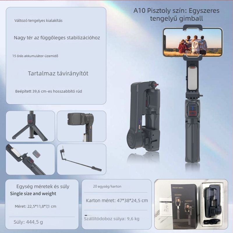 A10 Többfunkciós selfie pálca telefon-tartóval, kézi és padlóra állítható tripod, Bluetooth-távirányító, rezgéscsillapítás és LED világítás, utazáshoz tervezett