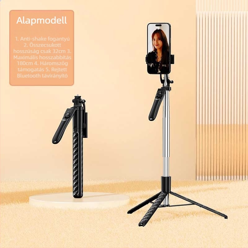 Selfie pálca stabilizációval, kinyitható Z18 Tripod Gimbal, Bluetooth távirányító, telefon-tartó világítással, alumínium-ABS test