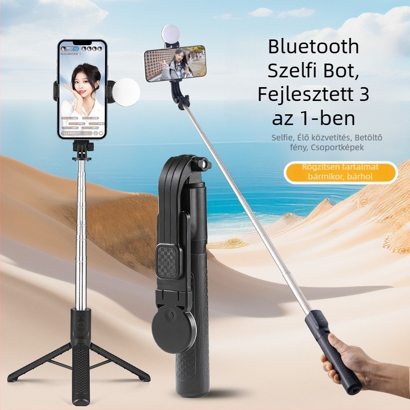 Bluetoothos selfie stick telefonhoz LED-világítással és állványos tripoddal