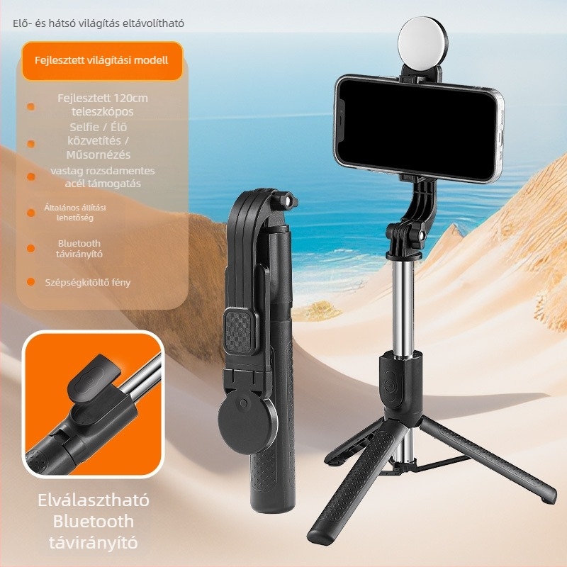 Bluetoothos selfie stick telefonhoz LED-világítással és állványos tripoddal