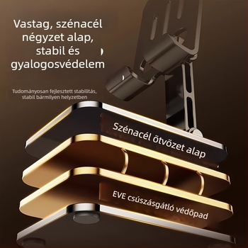 Asztali állvány telefonhoz és tabletához, forgatható és összecsukható, anyag: ABS és acél