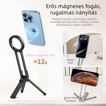 Telefon állvány mágneses tartóval, összecsukható, ötvözetből, univerzális kompatibilitás, asztali felvételekhez és élő közvetítéshez
