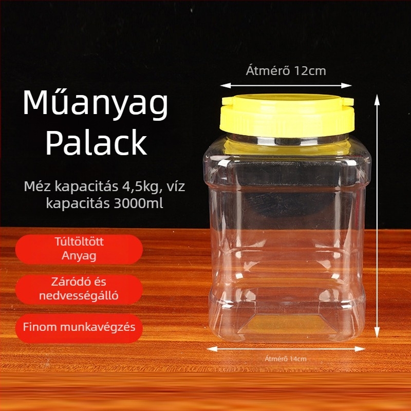 Négyzet alakú mézüveg, PET műanyag, fedővel; általános csomagolás, Márka Like Yang Plastic Industry, Származás Xuchang, Henan, Kína.