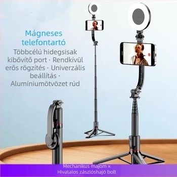Teleszkópos selfie bot telefonhoz mágneses tartóval, kör alakú LED világítással, Bluetooth távirányítóval, ABS+alumínium ötvözet