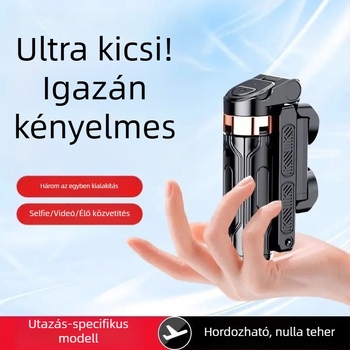 Mini selfie pálca beépített telefon-tartóval és fényforrással, teleszkópos, hordozható képfelvételekhez és élő közvetítéshez, Bluetooth távvezérlő, anyag: alumínium-ötvözet + ABS