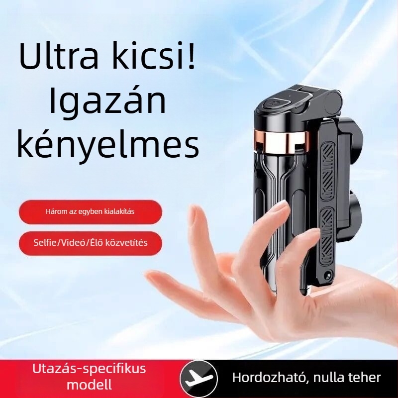 Mini selfie pálca beépített telefon-tartóval és fényforrással, teleszkópos, hordozható képfelvételekhez és élő közvetítéshez, Bluetooth távvezérlő, anyag: alumínium-ötvözet + ABS