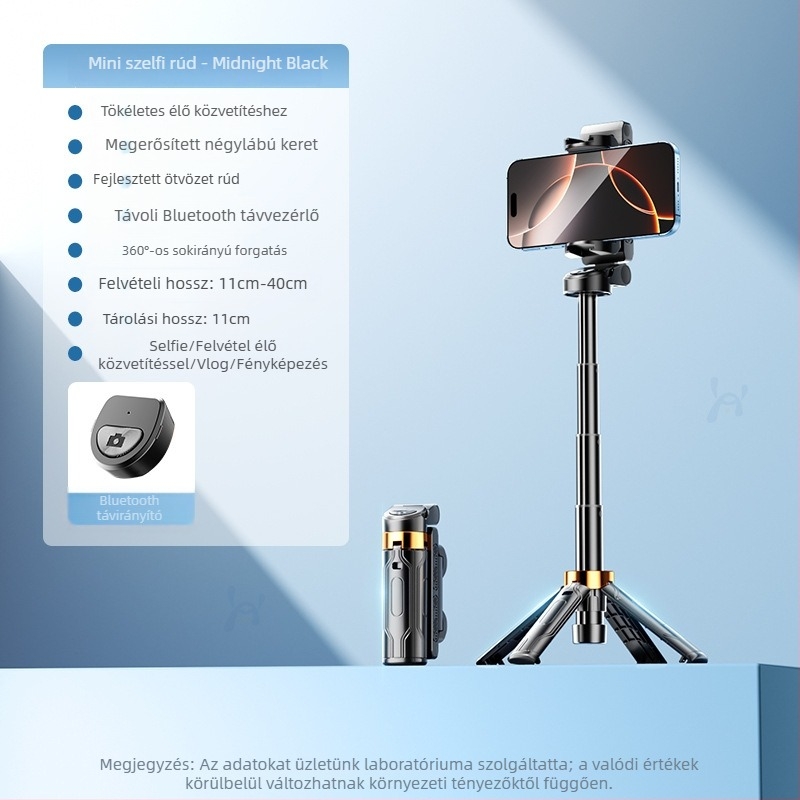 Mini selfie pálca beépített telefon-tartóval és fényforrással, teleszkópos, hordozható képfelvételekhez és élő közvetítéshez, Bluetooth távvezérlő, anyag: alumínium-ötvözet + ABS